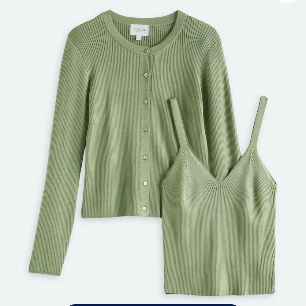 PINK Sage Green Ribbed Cardigan & V-Neck Cami Set